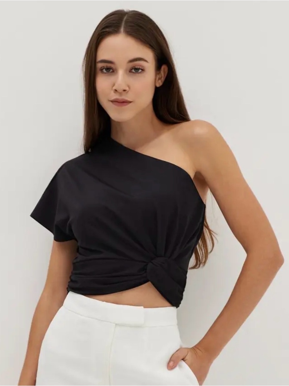Love Bonito One-Shoulder Black Knotted Crop Top - Women